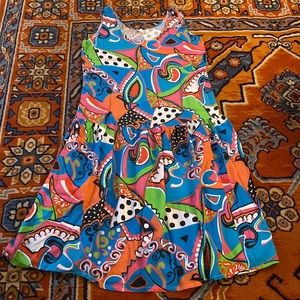 Vintage 80s Blue Pink Orange Abstract Drop Waist Baggy Summer Dress Cover Up OS